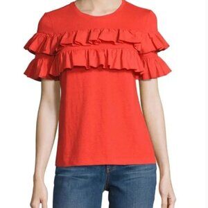 Tory Burch‎ Women Orange Ruffe Short Sleeve Top Size M Lenox Cotton